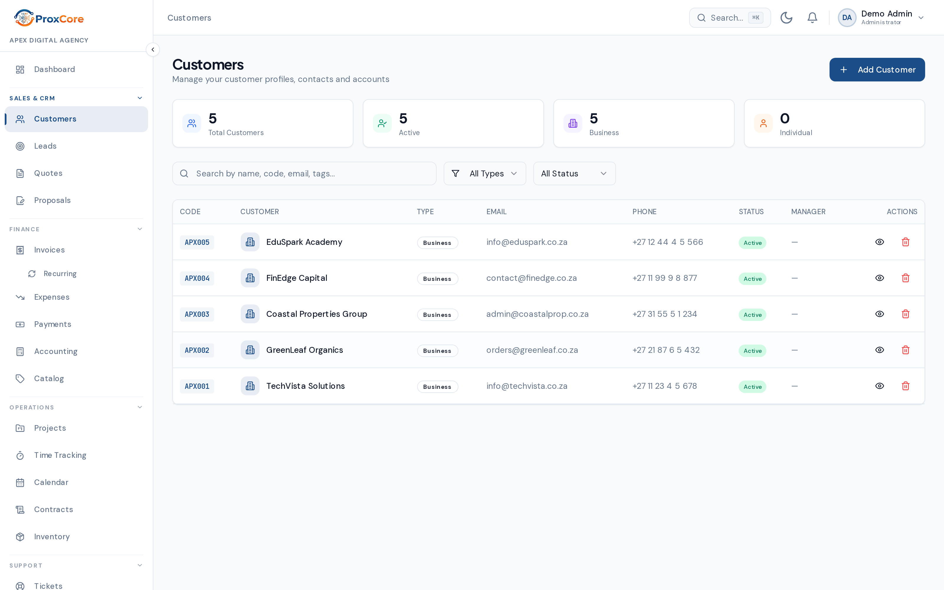 ProxCore customer directory showing customer records and details