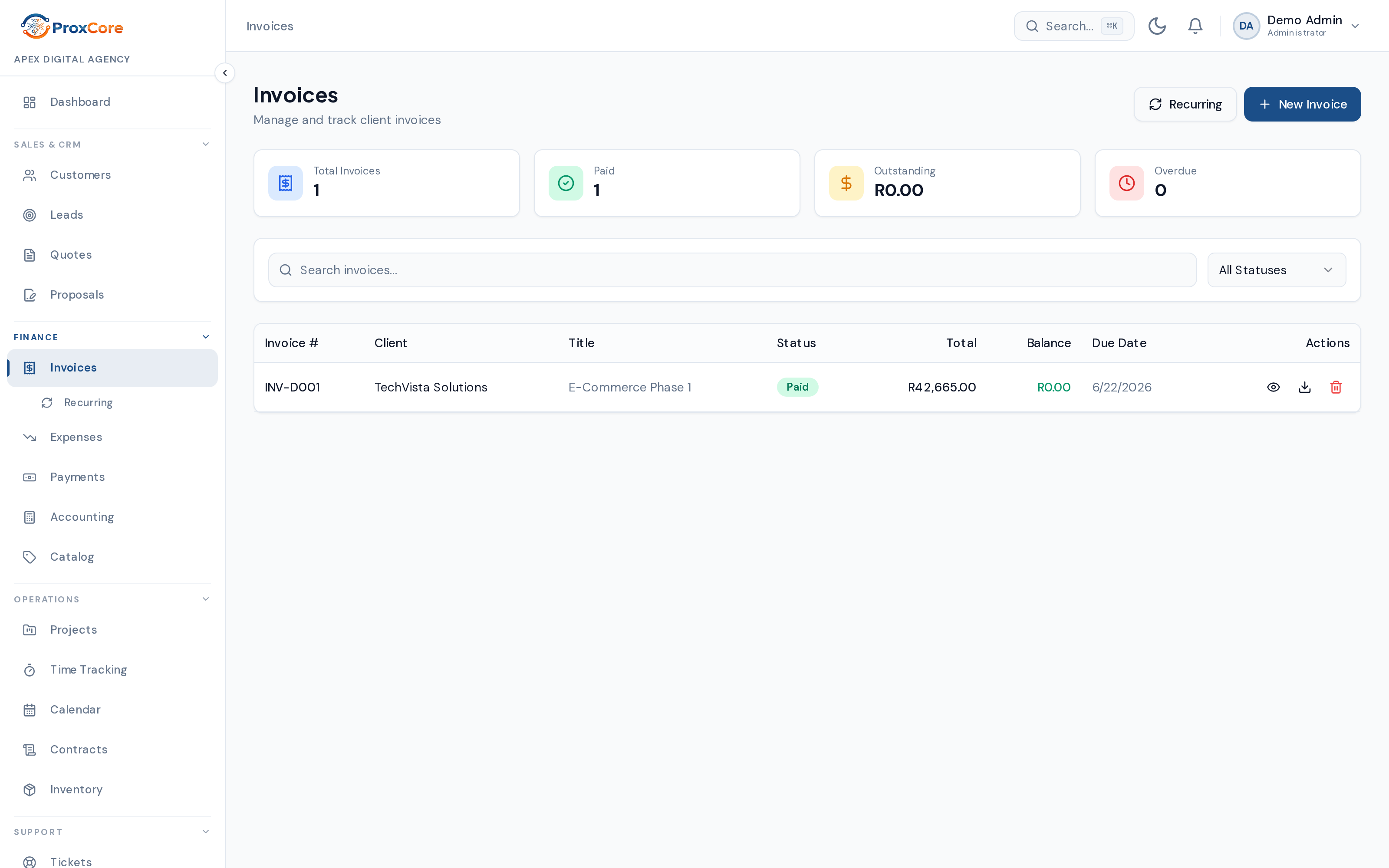 ProxCore invoices dashboard with totals, paid, outstanding and overdue summaries